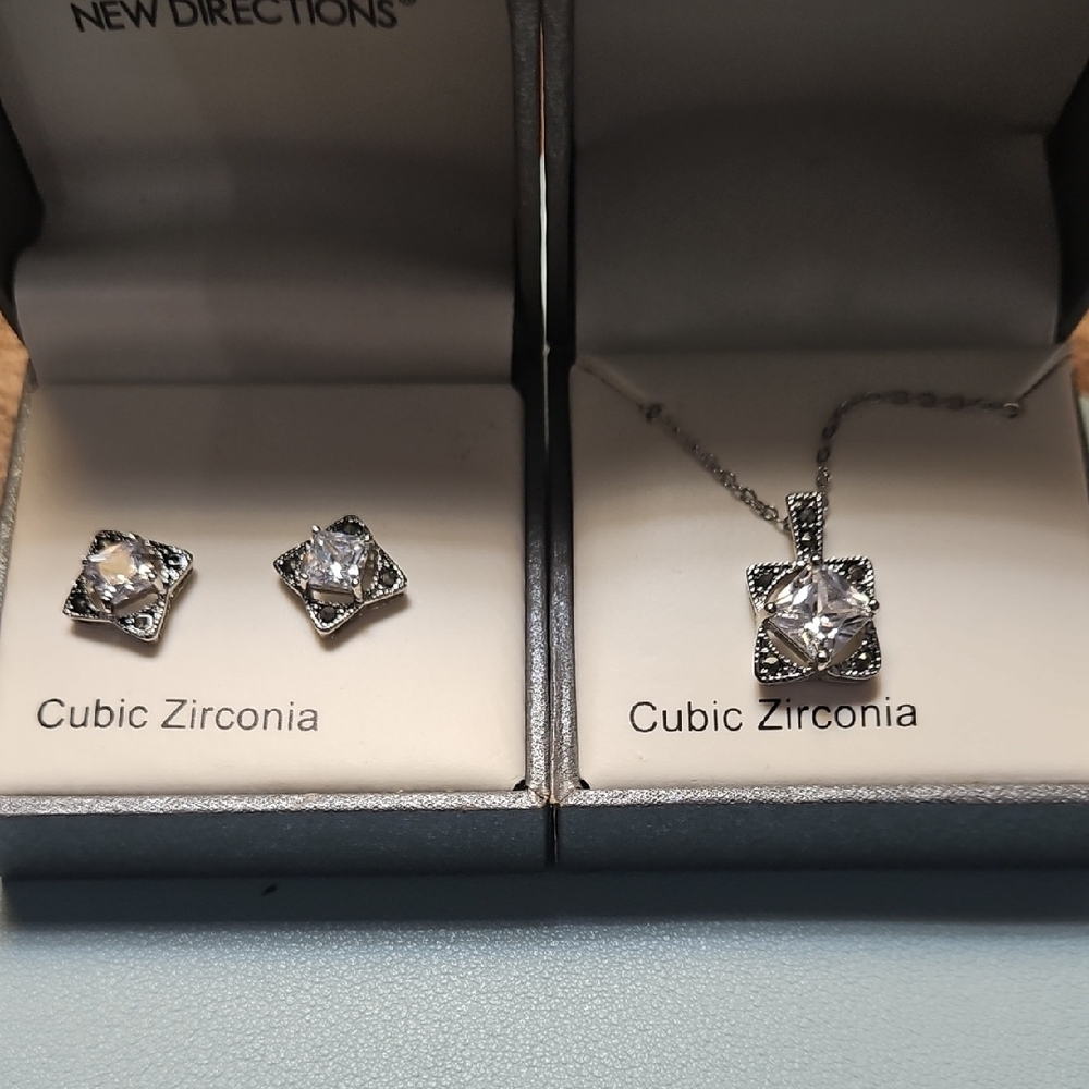 New Directions Silver Cubic Zirconia Earrings and Necklace Set